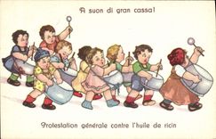 VINTAGE POSTCARD Illustrator Prostestation Children general against the castor oil