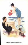 VINTAGE POSTCARD Illustrator Woman Bathing suit Dog
