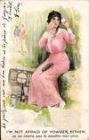 VINTAGE POSTCARD Illustrator Woman I' m foot-note friad off powder