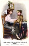 VINTAGE POSTCARD Illustrator Child wife Militaria Soldier