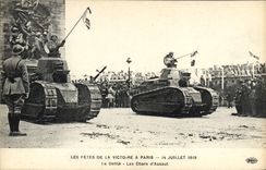 Festivales del tanque de Militaria de la POSTAL de la VENDIMIA victoria del 14 de julio de 1919 los tanques de la procesión