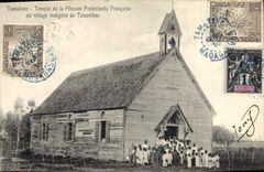 VINTAGE POSTCARD Temple protesting Tamalave Temple of the French mission at the indigenous village of Tanambao Madagascar