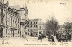 Jardín público del día de pleno verano de Nancy de la POSTAL de la VENDIMIA y templo protestante