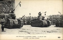 Festivales del tanque de Militaria de la POSTAL de la VENDIMIA Victoire del 14 de julio de 1919 los tanques de la procesión