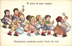 CPA Illustrateur Enfants Protestation generale contre l'huile de ricin