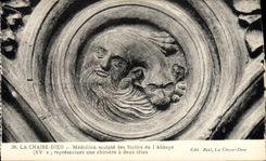 VINTAGE POSTCARD the Chair God Medallion Carves Stalls of the Abbey representing a dream has two heads