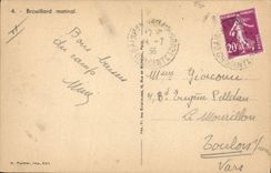 Niebla de exploración de la mañana del sitio para acampar de las tiendas del Jamboree del explorador de la POSTAL de la VENDIMIA