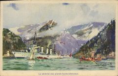 VINTAGE POSTCARD Boat against destroyer Lion in Norway