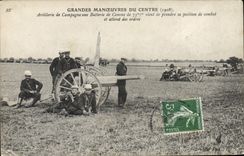 Maniobras del ejército de Militaria de la POSTAL de la VENDIMIA de la artillería del jardín central una batería de artillería de 75m m