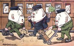 VINTAGE POSTCARD Illustrator Shapleaca Train Luggage handler Egg Eggs