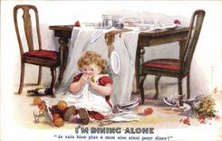 VINTAGE POSTCARD Fantaisie Illustrator Child has table