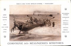 VINTAGE POSTCARD Bateau Steamer Maritime Transport Setting with the water of a boat Charges Pondichery India