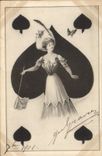 VINTAGE POSTCARD Fantasy Illustrator Woman Chart of spade
