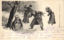 VINTAGE POSTCARD Fantaisie Illustrator Battles of snowballs