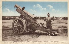 CPA Militaria Camp de Sissonne Artillerie lourde de campagne Canon Rimailho