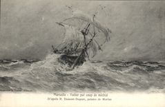 VINTAGE POSTCARD Sailing Marseilles Boat by blow of mistral