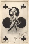CPA Fantaisie Illustrateur Femme Carte Trefle