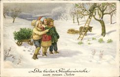 CPA Fantaisie Illustrateur Enfants dans la neige Ane Mule 