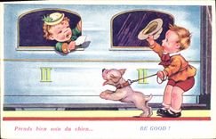 CPA Fantaisie Illustrateur Enfants Chien Train