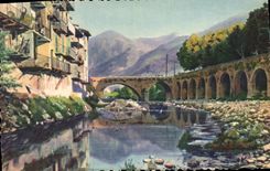 VINTAGE POSTCARD Sospel Old Bridge Old women Houses On Bevera