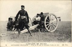 Pieza de la artillería de Militaria de la POSTAL de la VENDIMIA de 75m m mientras que espera la pedido del shooting