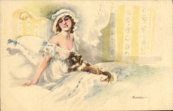 CPA Fantaisie Illustrateur Femme Chien 