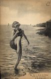 VINTAGE POSTCARD Woman Bathing suit On the edges of the Ocean Here for the curious ones