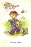 VINTAGE POSTCARD Fantaisie Illustrator Child Fishes Sinning Dog