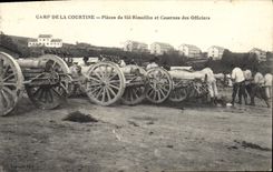Campo de Militaria de la POSTAL de la VENDIMIA de las piezas de Courtine de 155 Rimailho y cuarteles de los oficiales