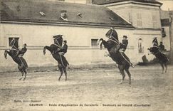 VINTAGE POSTCARD Horse Hippisme Saumur School of application of cavalry Jumpers in freedom (courbette)
