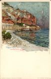 VINTAGE POSTCARD Illustrator Menton red rocks