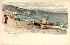 VINTAGE POSTCARD Illustrator Menton Scirocco Boats