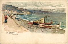 CPA Illustrateur Menton Scirocco Bateaux
