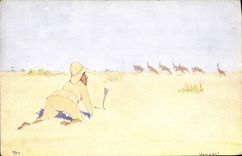 CPA Fantaisie Illustrateur Afrique Antilopes Gazelles Serpent