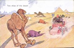 CPA Fantaisie Illustrateur Egypt Egypte Pyramid Two ships of the desert Chameau Automobile