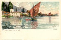 VINTAGE POSTCARD Italy Illustrator Gardone Salo Boat