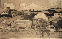 CPA Folklore Pays basque Sur la route Jacques le Tanneur Attelage Boeufs
