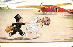 CPA Fantaisie Illustrateur Enfants Avion Mariage 