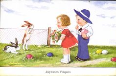 VINTAGE POSTCARD Fantasy Illustrator Children Easter Rabbits
