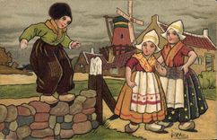 VINTAGE POSTCARD Fantasy Illustrator Wells Children Netherlands Windmill