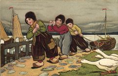 VINTAGE POSTCARD Fantasy Illustrator Wells Children Netherlands Boat Geese