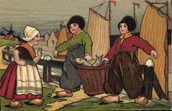 VINTAGE POSTCARD Fantaisie Illustrator Wells Enfants Netherlands Poisson Fishes Sinning Boat