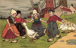 VINTAGE POSTCARD Fantasy Illustrator Wells Children Netherlands Windmill Geese