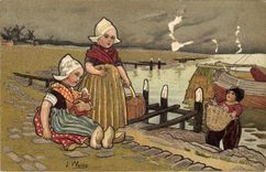 VINTAGE POSTCARD Fantaisie Illustrator Wells Enfants Netherlands Bateau Fishes Poisson
