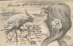 CPA Fantaisie Illustrateur Femme Perroquet