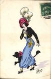CPA Fantaisie Illustrateur Femme Chien