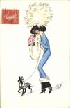 CPA Fantaisie Illustrateur Femme Chien