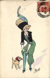 CPA Fantaisie Illustrateur Femme Chien