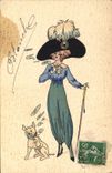 CPA Fantaisie Illustrateur Femme Chien