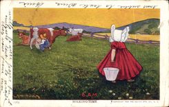 CPA Fantaisie Illustrateur Enfant Milking Time Vaches 